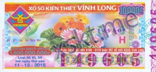 Mẫu vé sô xổ số Vĩnh Long ngày 11/12/2015