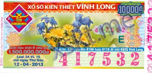 Mẫu vé sô xổ số Vĩnh Long ngày 12/4/2013