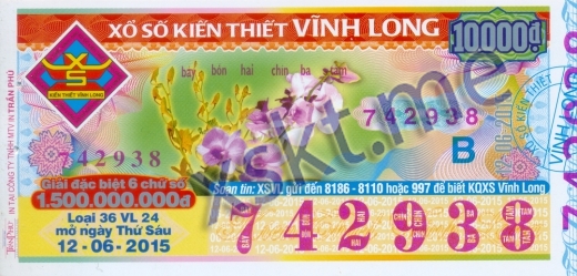 Mẫu vé sô xổ số Vĩnh Long ngày 12/6/2015