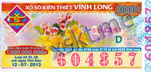 Mẫu vé sô xổ số Vĩnh Long ngày 12/7/2013