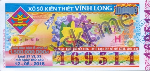Mẫu vé sô xổ số Vĩnh Long ngày 12/8/2016