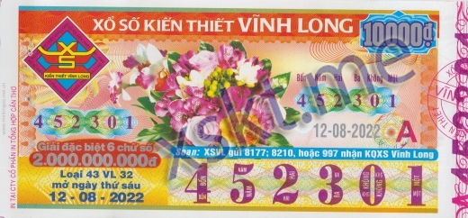 Mẫu vé sô xổ số Vĩnh Long ngày 12/8/2022