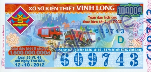 Mẫu vé sô xổ số Vĩnh Long ngày 12/10/2012