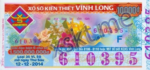 Mẫu vé sô xổ số Vĩnh Long ngày 12/12/2014
