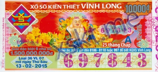 Mẫu vé sô xổ số Vĩnh Long ngày 13/2/2015