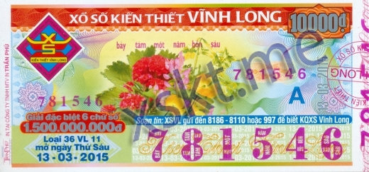 Mẫu vé sô xổ số Vĩnh Long ngày 13/3/2015