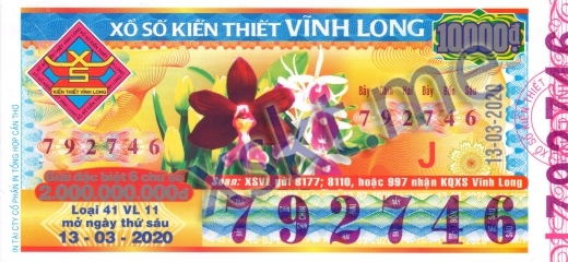 Mẫu vé sô xổ số Vĩnh Long ngày 13/3/2020