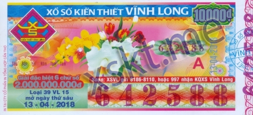 Mẫu vé sô xổ số Vĩnh Long ngày 13/4/2018