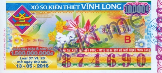 Mẫu vé sô xổ số Vĩnh Long ngày 13/5/2016