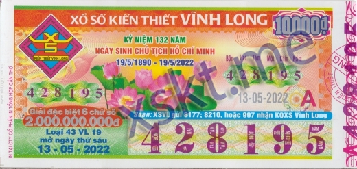 Mẫu vé sô xổ số Vĩnh Long ngày 13/5/2022