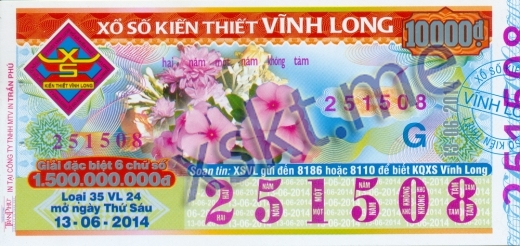 Mẫu vé sô xổ số Vĩnh Long ngày 13/6/2014