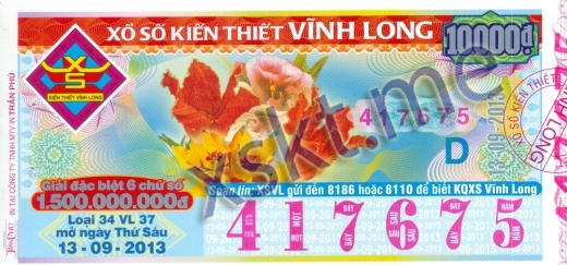Mẫu vé sô xổ số Vĩnh Long ngày 13/9/2013