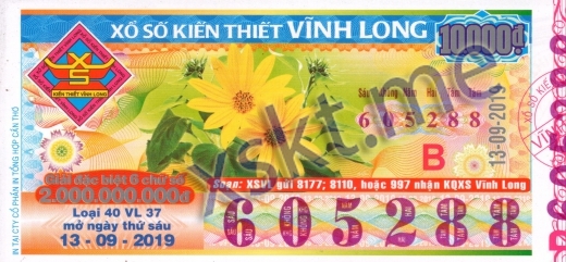 Mẫu vé sô xổ số Vĩnh Long ngày 13/9/2019