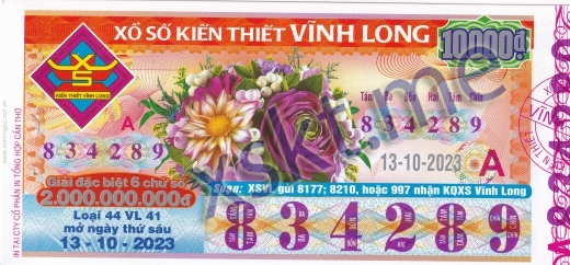 Mẫu vé sô xổ số Vĩnh Long ngày 13/10/2023