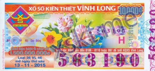 Mẫu vé sô xổ số Vĩnh Long ngày 13/11/2015