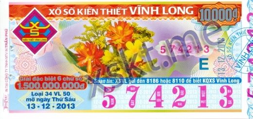 Mẫu vé sô xổ số Vĩnh Long ngày 13/12/2013