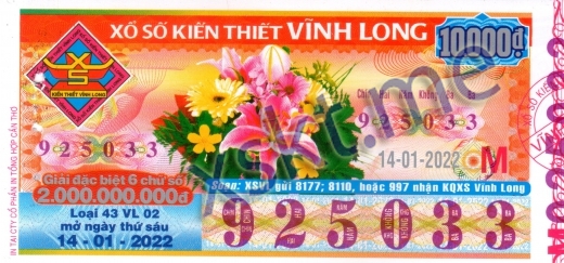 Mẫu vé sô xổ số Vĩnh Long ngày 14/1/2022
