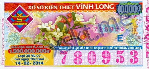 Mẫu vé sô xổ số Vĩnh Long ngày 14/2/2014