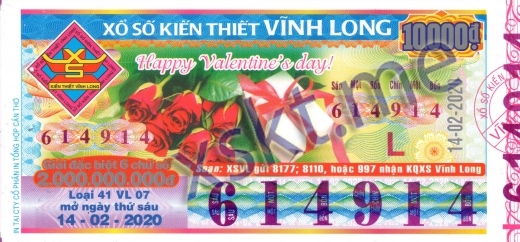 Mẫu vé sô xổ số Vĩnh Long ngày 14/2/2020