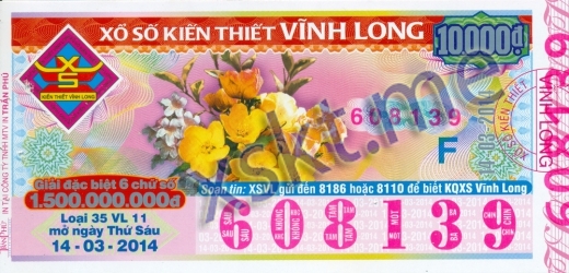 Mẫu vé sô xổ số Vĩnh Long ngày 14/3/2014