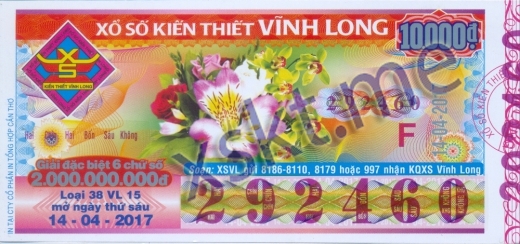 Mẫu vé sô xổ số Vĩnh Long ngày 14/4/2017