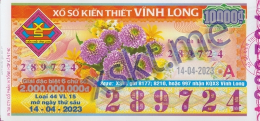 Mẫu vé sô xổ số Vĩnh Long ngày 14/4/2023