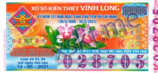 Mẫu vé sô xổ số Vĩnh Long ngày 14/5/2021