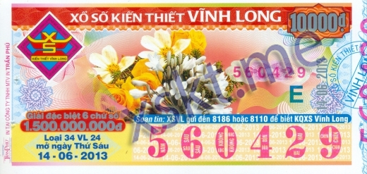 Mẫu vé sô xổ số Vĩnh Long ngày 14/6/2013