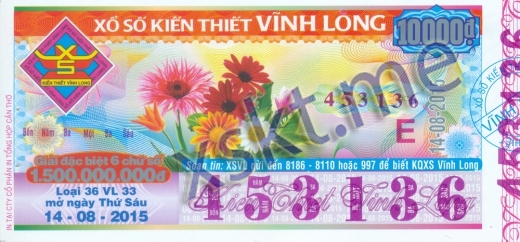 Mẫu vé sô xổ số Vĩnh Long ngày 14/8/2015