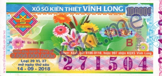 Mẫu vé sô xổ số Vĩnh Long ngày 14/9/2018
