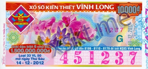Mẫu vé sô xổ số Vĩnh Long ngày 14/12/2012