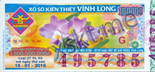 Mẫu vé sô xổ số Vĩnh Long ngày 15/1/2016