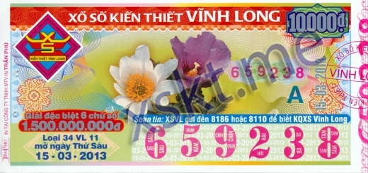 Mẫu vé sô xổ số Vĩnh Long ngày 15/3/2013