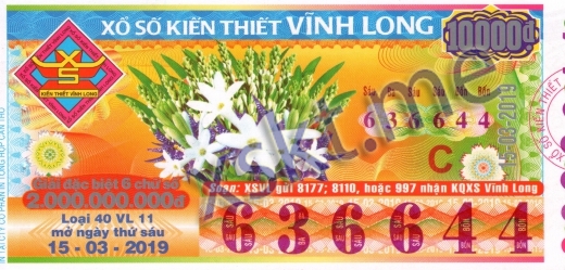 Mẫu vé sô xổ số Vĩnh Long ngày 15/3/2019