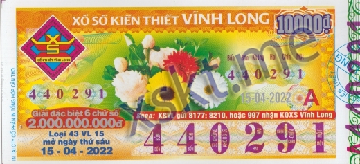 Mẫu vé sô xổ số Vĩnh Long ngày 15/4/2022
