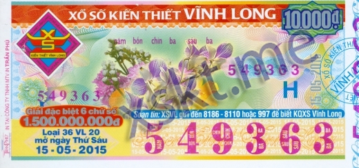 Mẫu vé sô xổ số Vĩnh Long ngày 15/5/2015