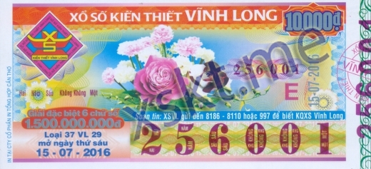 Mẫu vé sô xổ số Vĩnh Long ngày 15/7/2016