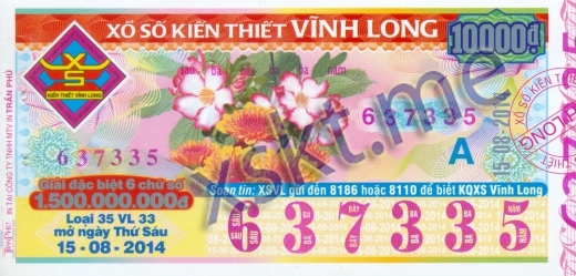 Mẫu vé sô xổ số Vĩnh Long ngày 15/8/2014