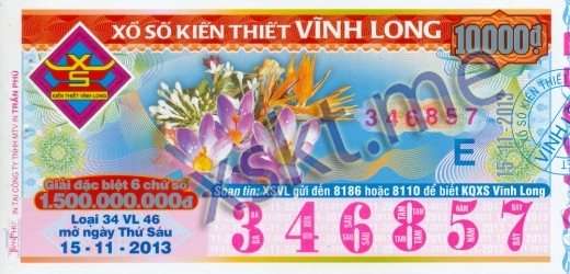 Mẫu vé sô xổ số Vĩnh Long ngày 15/11/2013