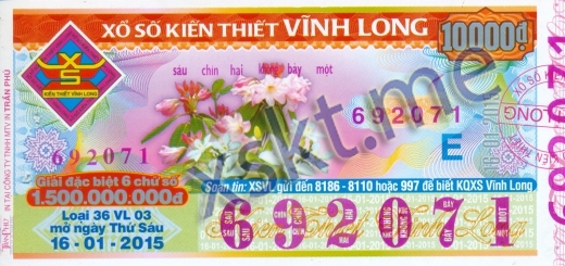 Mẫu vé sô xổ số Vĩnh Long ngày 16/1/2015