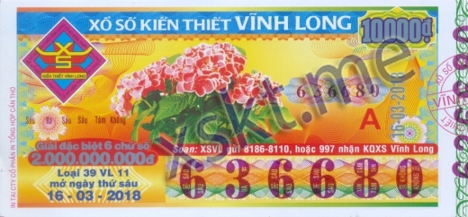 Mẫu vé sô xổ số Vĩnh Long ngày 16/3/2018