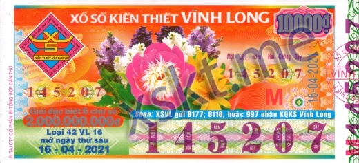 Mẫu vé sô xổ số Vĩnh Long ngày 16/4/2021