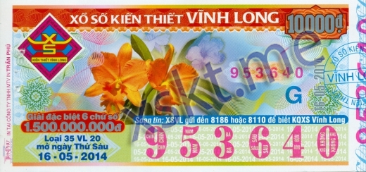 Mẫu vé sô xổ số Vĩnh Long ngày 16/5/2014