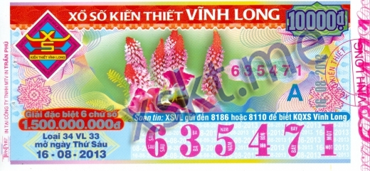 Mẫu vé sô xổ số Vĩnh Long ngày 16/8/2013
