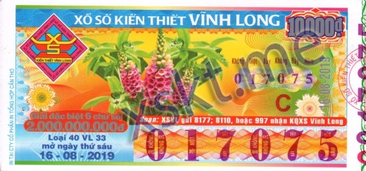 Mẫu vé sô xổ số Vĩnh Long ngày 16/8/2019
