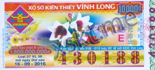 Mẫu vé sô xổ số Vĩnh Long ngày 16/9/2016