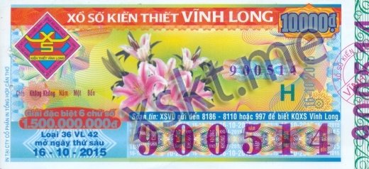 Mẫu vé sô xổ số Vĩnh Long ngày 16/10/2015