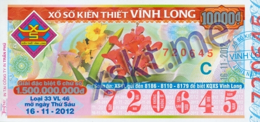 Mẫu vé sô xổ số Vĩnh Long ngày 16/11/2012