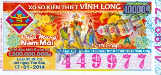 Mẫu vé sô xổ số Vĩnh Long ngày 17/1/2014