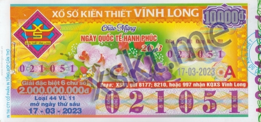 Mẫu vé sô xổ số Vĩnh Long ngày 17/3/2023